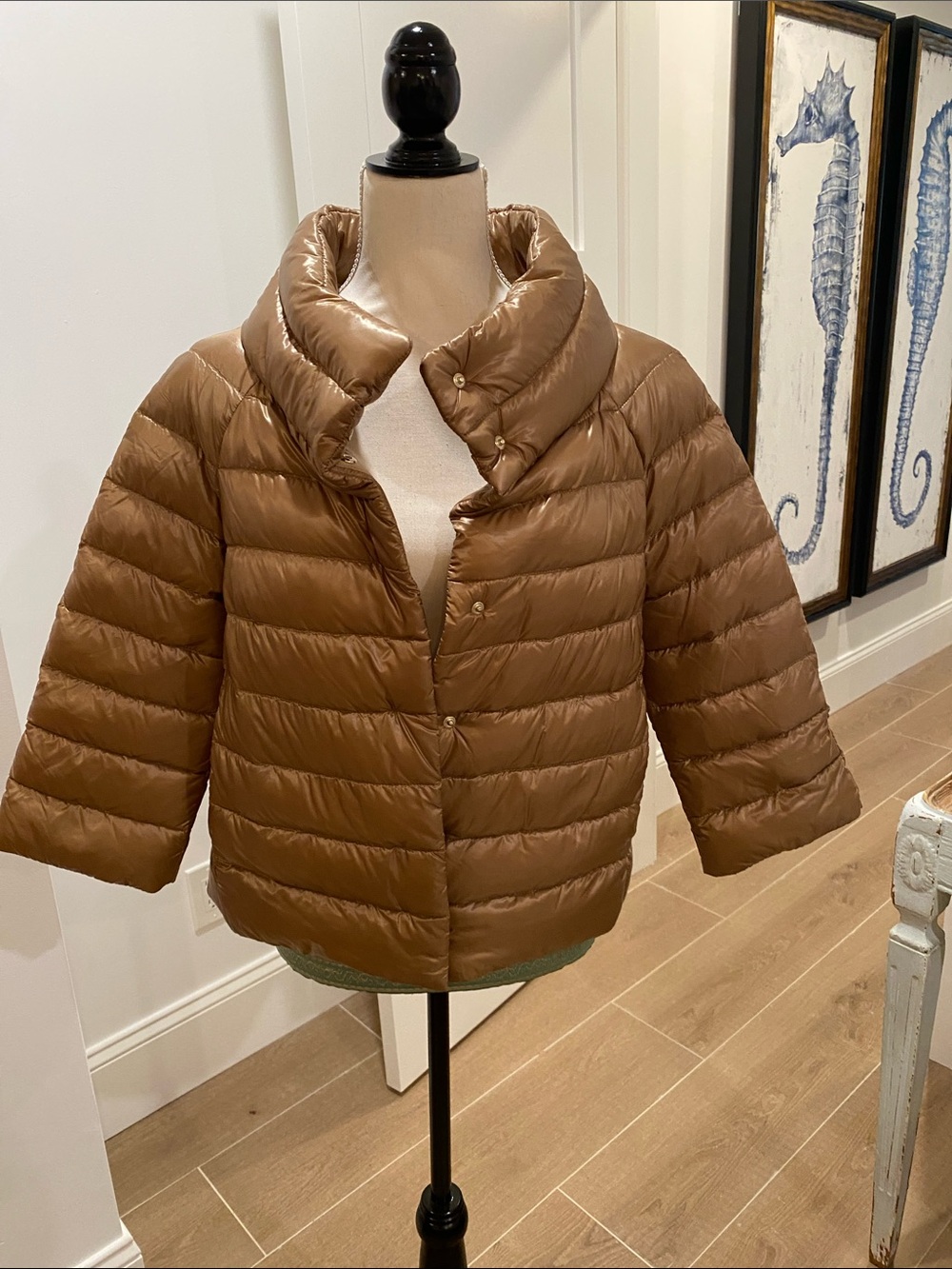 Herno Shiny Tan-Brown Short Down Puffer Jacket with High Collar